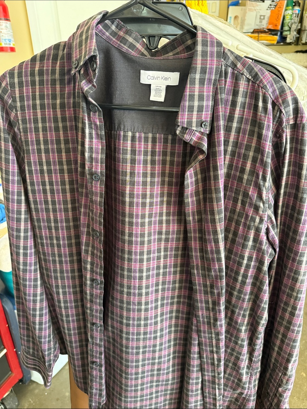 Calvin Klein Men’s Purple and Gray Plaid Button-Down Shirt
